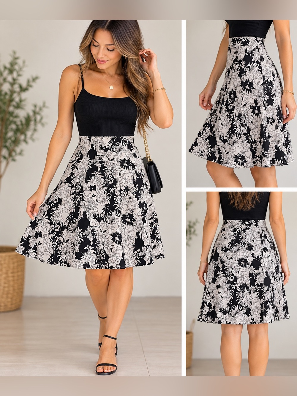 Vintage Y2K Sunny Leigh Black White Floral A-Line Swing Skirt Size 8 USA